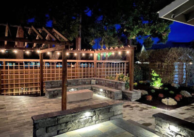 Paver Patio, Seat Wall, Gas Fire Pit, Reclaimed Wood Pergola, Low Voltage Lighting